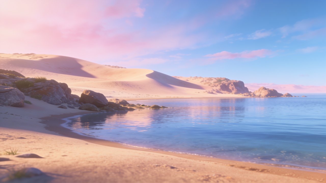 A serene desert beach at sunset with soft, pink-hued skies reflecting on calm waters, surrounded by gentle sand dunes and scattered rocks, creating a tranquil and peaceful atmosphere.