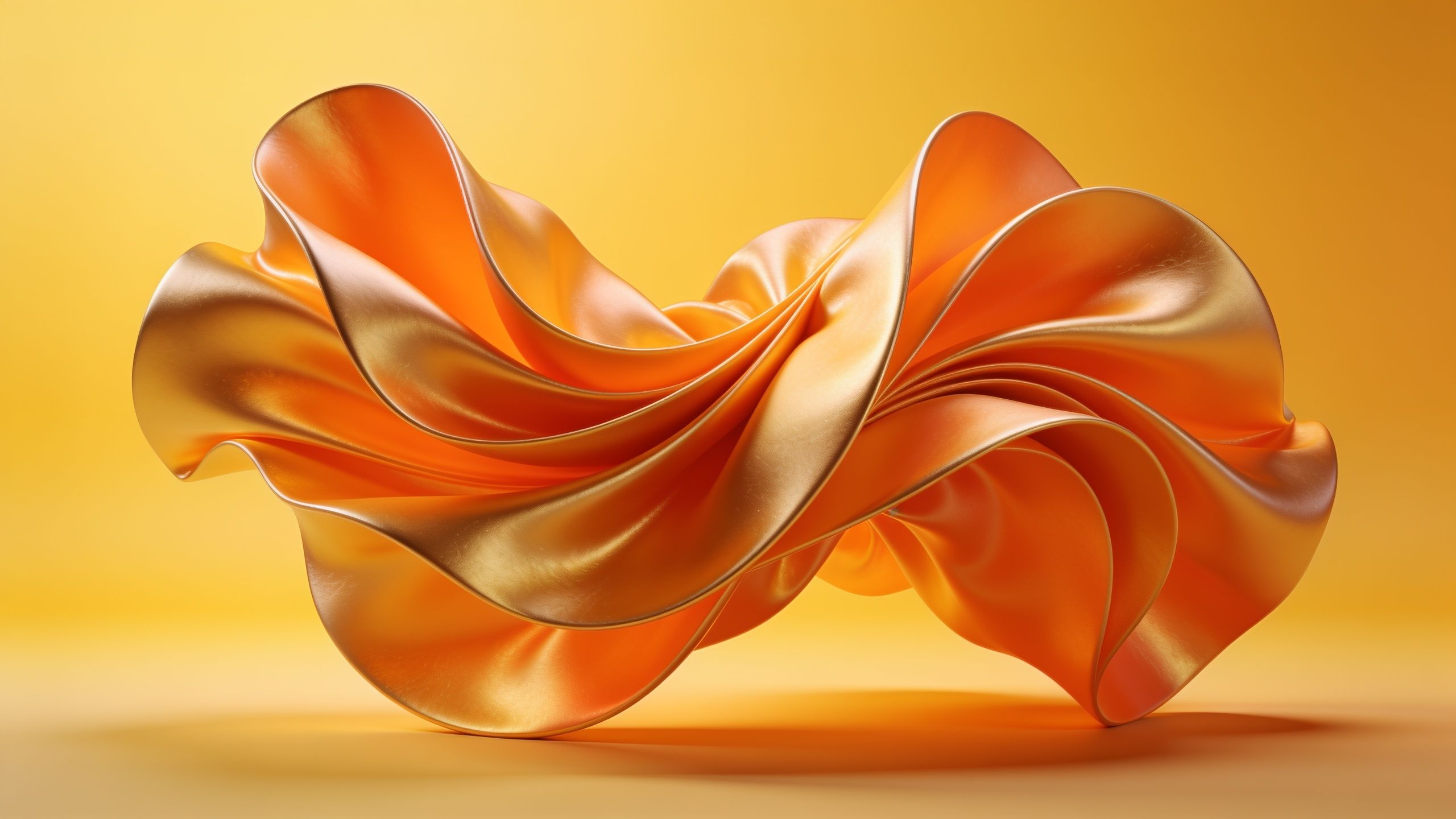 The wallpaper features a dynamic abstract design with flowing, silky waves of vibrant orange satin, creating a sense of movement and elegance against a warm, golden background. The smooth textures and rich colors evoke a lively and luxurious mood.