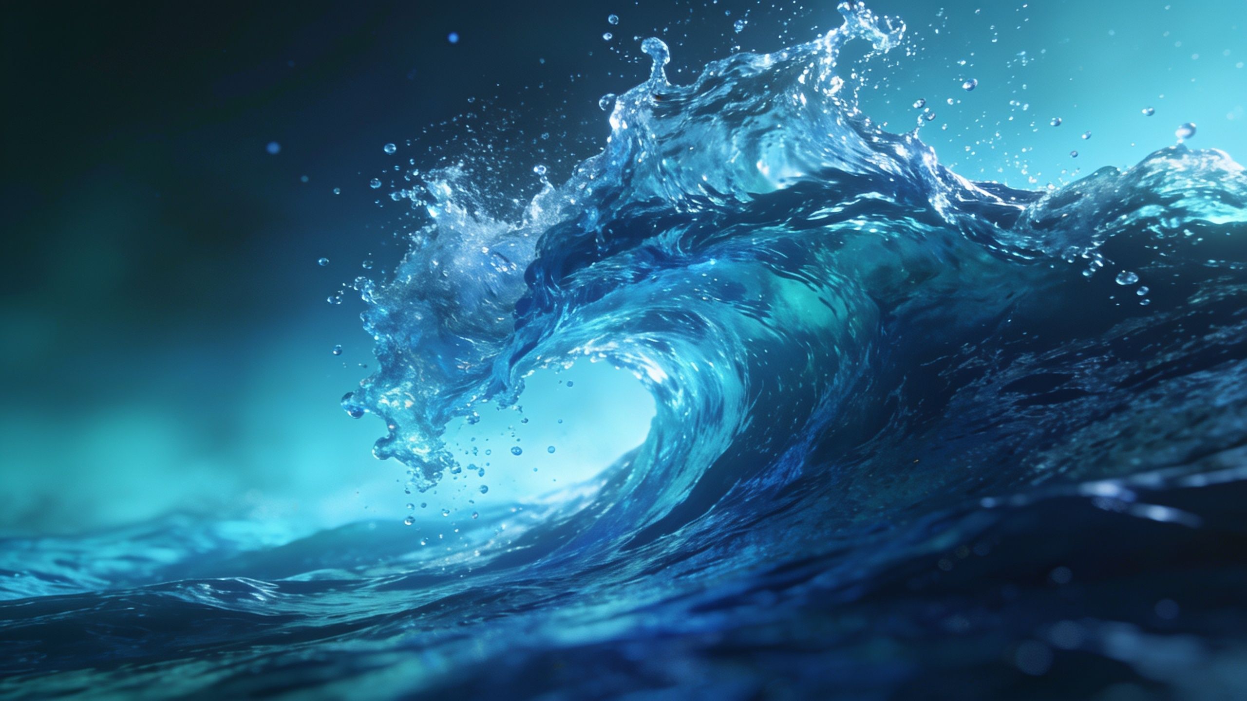 A dynamic ocean wave curls gracefully against a backdrop of deep blue and turquoise hues, capturing the energy and fluidity of the sea in a serene and awe-inspiring setting.