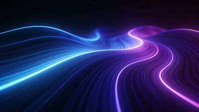 A dynamic display of vibrant neon waves in shades of blue and purple flowing across a dark background, creating an energetic and futuristic mood.
