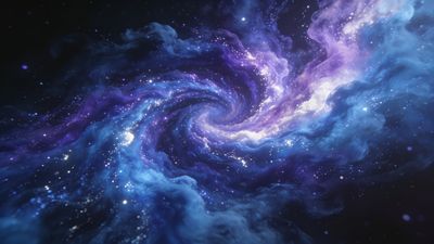 A swirling galaxy of vibrant blues and purples, speckled with twinkling stars, creates a mystical and enchanting cosmic scene. The swirling motion and rich colors evoke a sense of wonder and infinite depth.