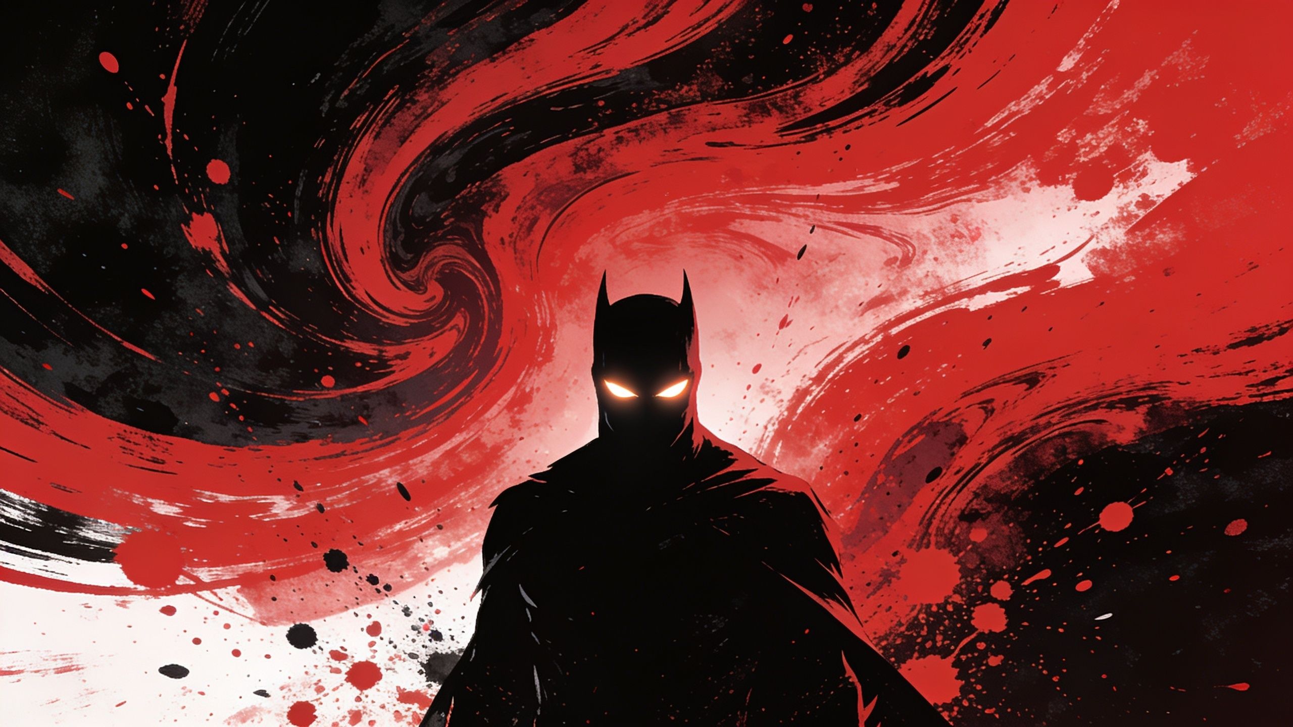 A dark, shadowy figure with glowing eyes stands against a backdrop of swirling red and black patterns, creating a mysterious and intense atmosphere.