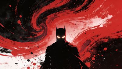 A dark, shadowy figure with glowing eyes stands against a backdrop of swirling red and black patterns, creating a mysterious and intense atmosphere.
