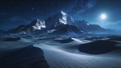 A serene landscape features majestic mountains illuminated by moonlight under a starry night sky, casting gentle shadows over undulating sand dunes, creating a tranquil and mystical atmosphere.