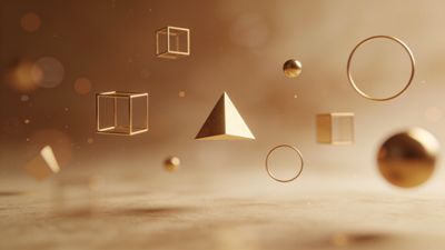Floating geometric shapes, including cubes, spheres, and a pyramid, are bathed in a warm golden glow against a softly blurred background, creating a serene and elegant atmosphere.