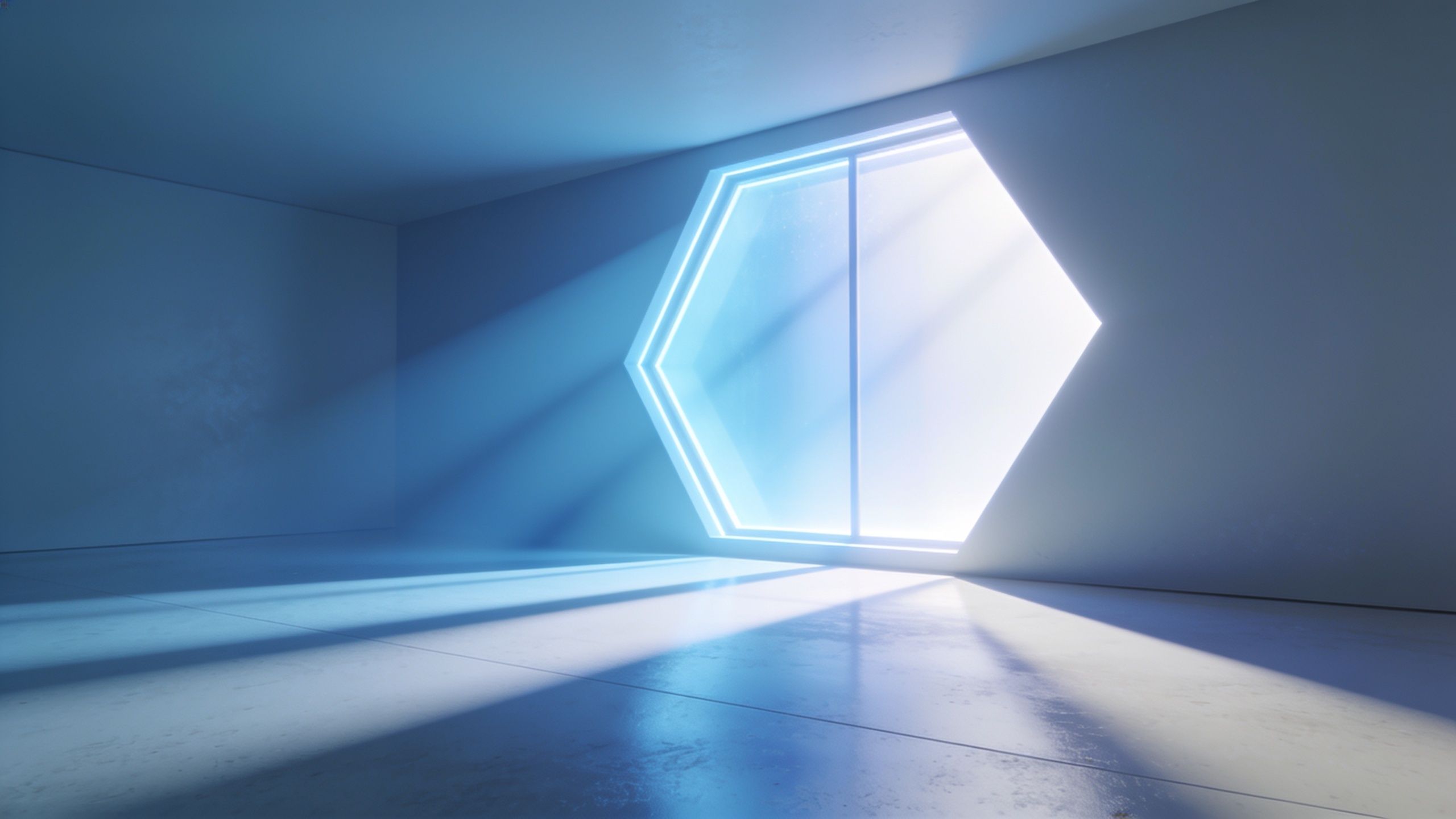 A minimalist room features a large, glowing hexagonal light on one wall, casting soft blue and white beams across the smooth, reflective floor, creating a serene and futuristic atmosphere.