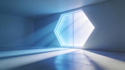 A minimalist room features a large, glowing hexagonal light on one wall, casting soft blue and white beams across the smooth, reflective floor, creating a serene and futuristic atmosphere.