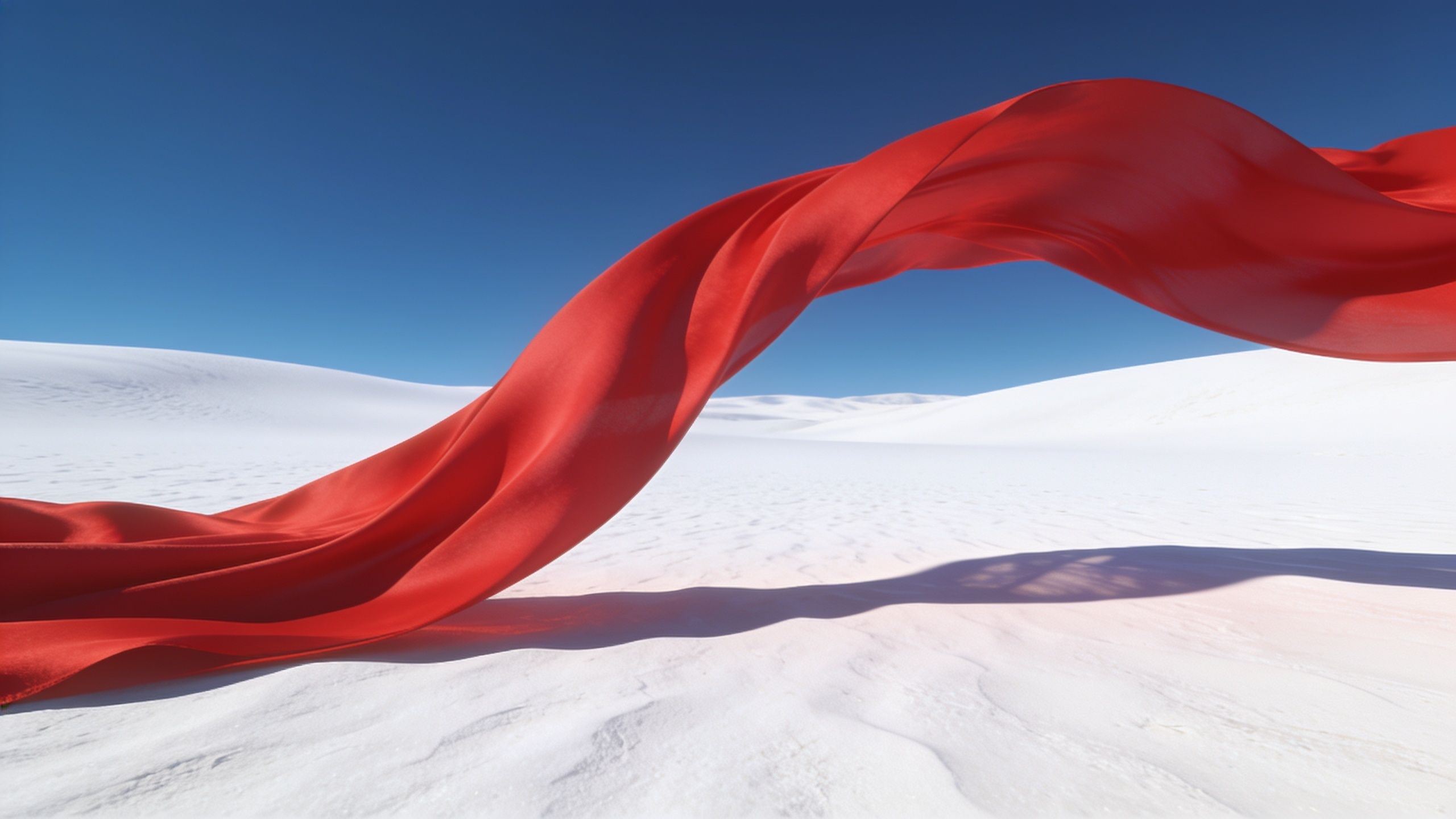 A vibrant red fabric gracefully flows over pristine, snowy dunes under a clear blue sky, creating a striking contrast and a serene, dreamlike atmosphere.