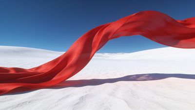 A vibrant red fabric gracefully flows over pristine, snowy dunes under a clear blue sky, creating a striking contrast and a serene, dreamlike atmosphere.