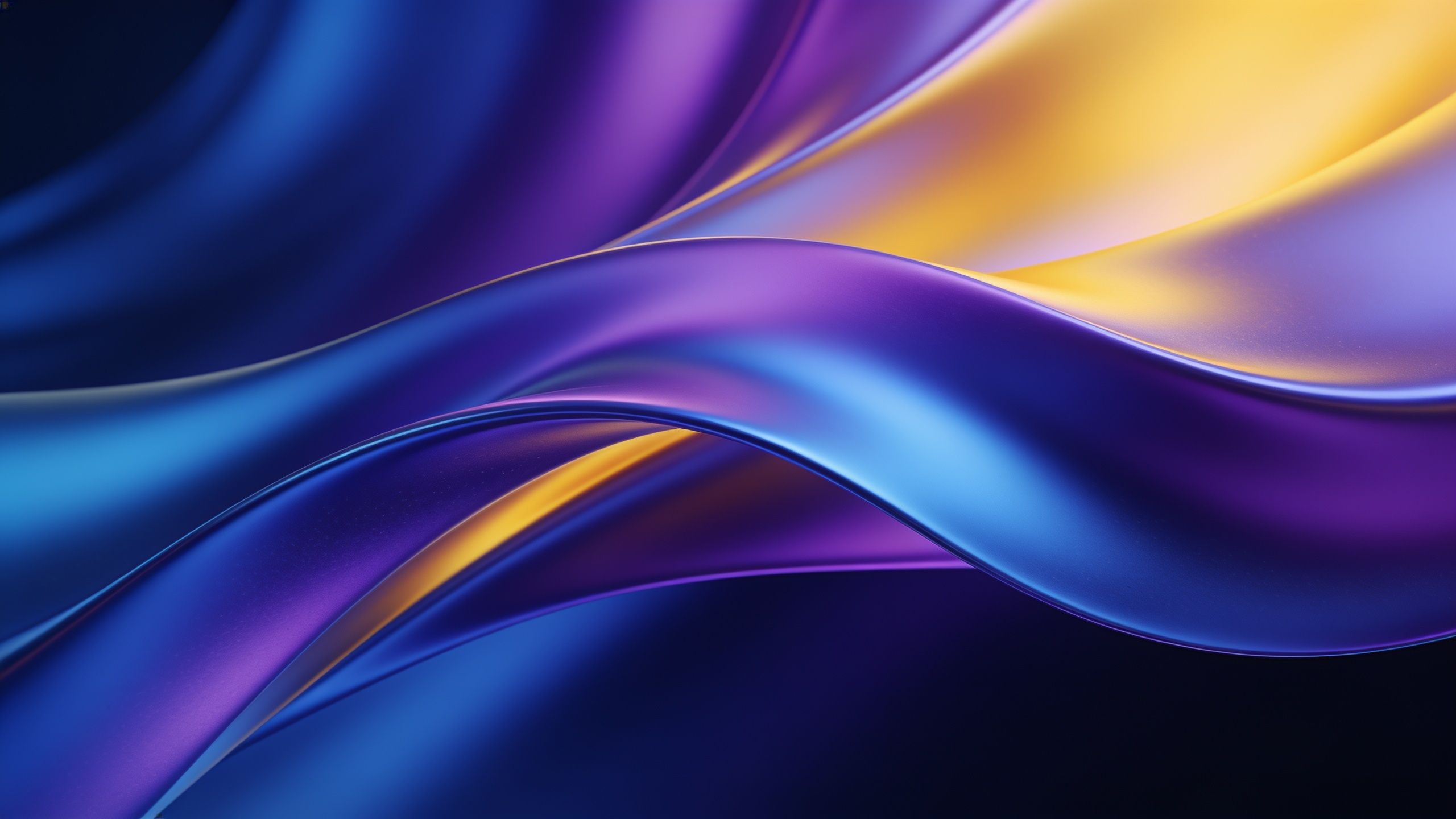 A dynamic composition of abstract waves in vibrant blue and purple hues, accented with hints of gold, creating a fluid and energetic mood.