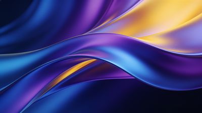 A dynamic composition of abstract waves in vibrant blue and purple hues, accented with hints of gold, creating a fluid and energetic mood.
