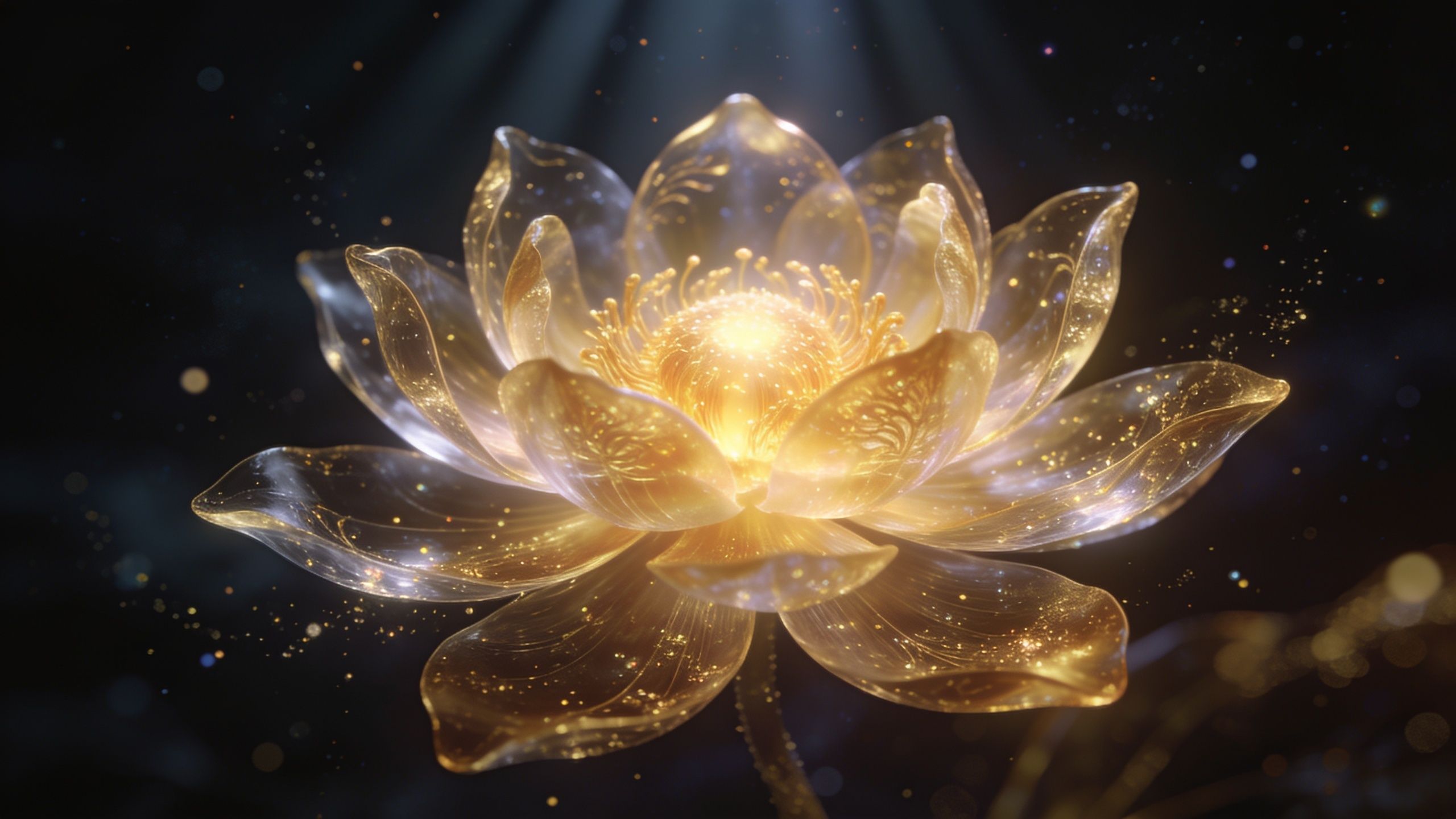 A luminous golden lotus flower glows against a dark cosmic backdrop, with ethereal light and sparkling particles surrounding it, creating a serene and mystical atmosphere.