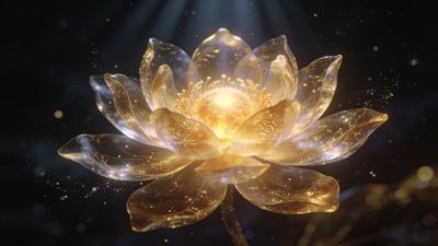A luminous golden lotus flower glows against a dark cosmic backdrop, with ethereal light and sparkling particles surrounding it, creating a serene and mystical atmosphere.