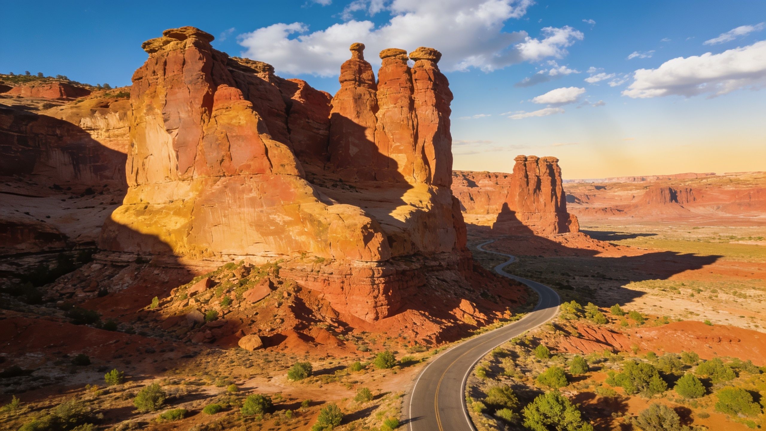 A winding road cuts through a vast desert landscape, flanked by towering red rock canyons under a clear blue sky, creating a serene and majestic atmosphere.