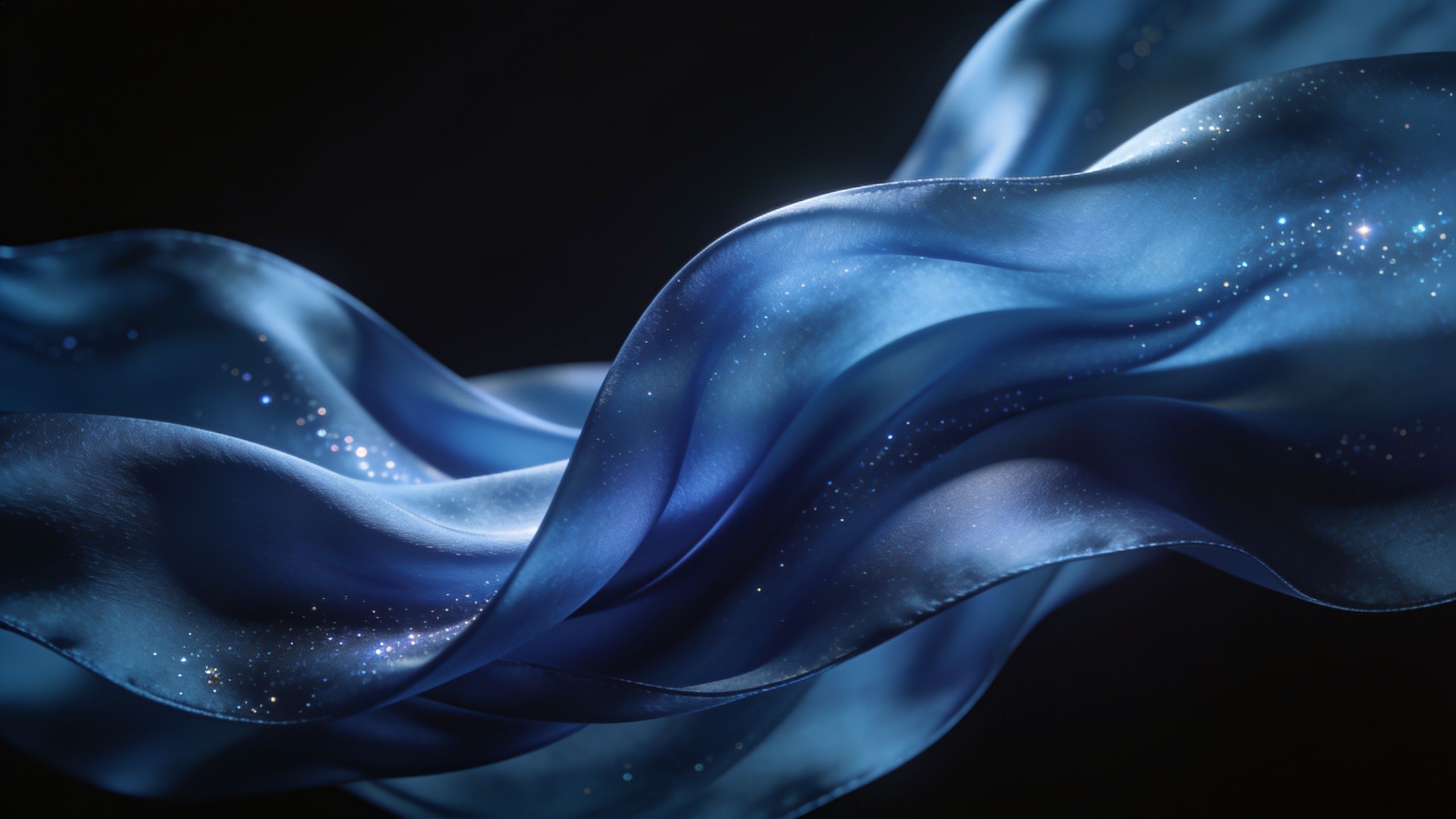 A flowing piece of ethereal blue silk drifts gracefully across a dark background, adorned with sparkling star-like specks that create a serene and dreamy atmosphere.