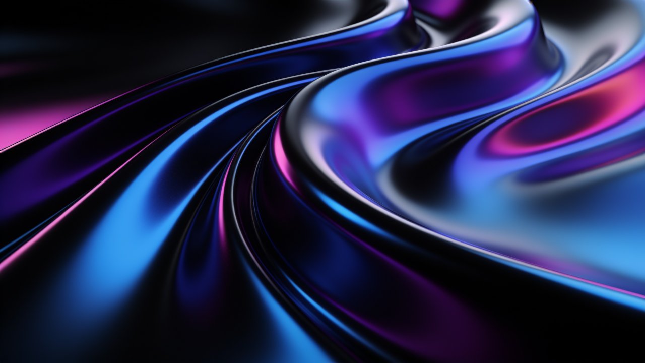 A dynamic abstract wallpaper featuring flowing waves in vibrant neon colors of blue, purple, and pink, creating a sense of movement and energy against a dark background. The smooth, glossy texture and vivid hues evoke a futuristic and lively mood.
