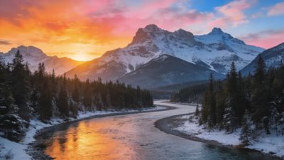 A majestic mountain range is illuminated by the warm hues of a sunrise, casting a golden glow over a serene river that winds through a snow-covered forest, creating a tranquil and awe-inspiring scene.