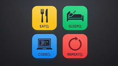 Four colorful icons on a dark background represent a programmer's routine: a fork and knife for "Eat();" on yellow, a bed for "Sleep();" on green, a laptop for "Code();" on blue, and a circular arrow for "Repeat();" on red, creating a playful and motivational mood.