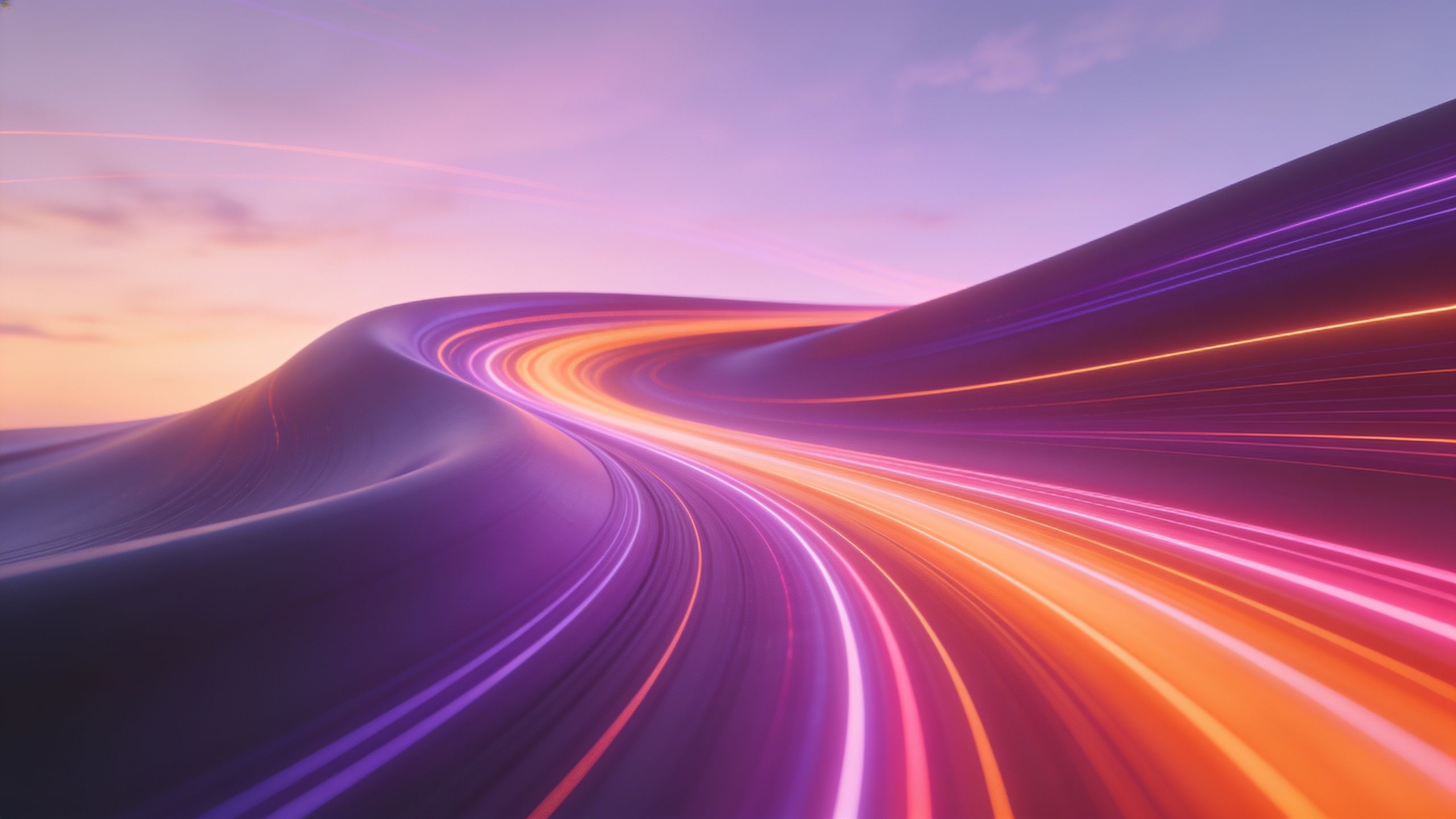A dynamic scene of vibrant neon light trails in hues of pink, purple, and orange curves across a landscape at sunset, creating a futuristic and energetic mood against a softly glowing sky.