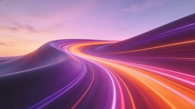 A dynamic scene of vibrant neon light trails in hues of pink, purple, and orange curves across a landscape at sunset, creating a futuristic and energetic mood against a softly glowing sky.