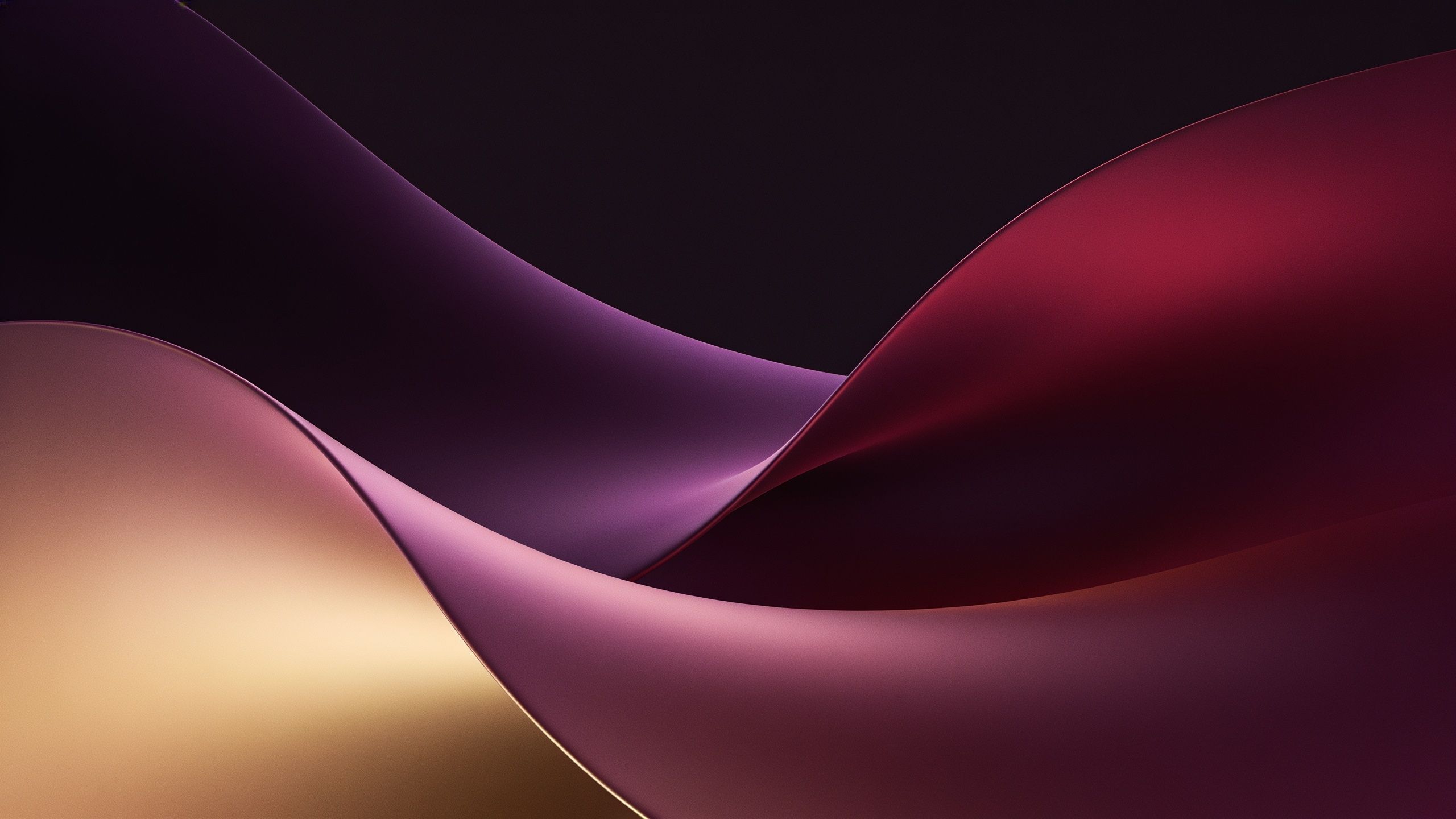 Abstract waves in deep, rich hues of purple, red, and gold flow gracefully across the image, creating a serene and elegant mood. The smooth curves and vibrant colors evoke a sense of fluidity and sophistication.