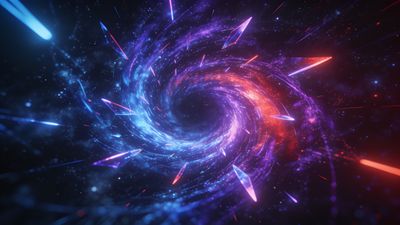 A swirling cosmic vortex in deep space, featuring vibrant hues of blue, purple, and red, creates a dynamic and mesmerizing scene filled with energy and movement. The mood is otherworldly and awe-inspiring, evoking a sense of wonder and exploration.