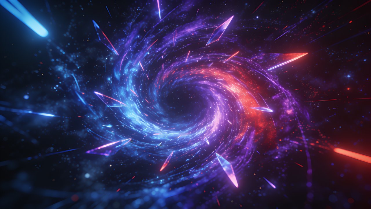 A swirling cosmic vortex in deep space, featuring vibrant hues of blue, purple, and red, creates a dynamic and mesmerizing scene filled with energy and movement. The mood is otherworldly and awe-inspiring, evoking a sense of wonder and exploration.