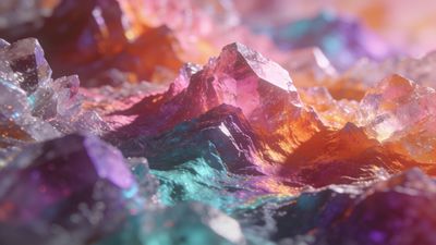 A fantastical landscape of vibrant crystal mountains in a spectrum of colors, including pink, orange, and teal, creating a dreamy and enchanting atmosphere.