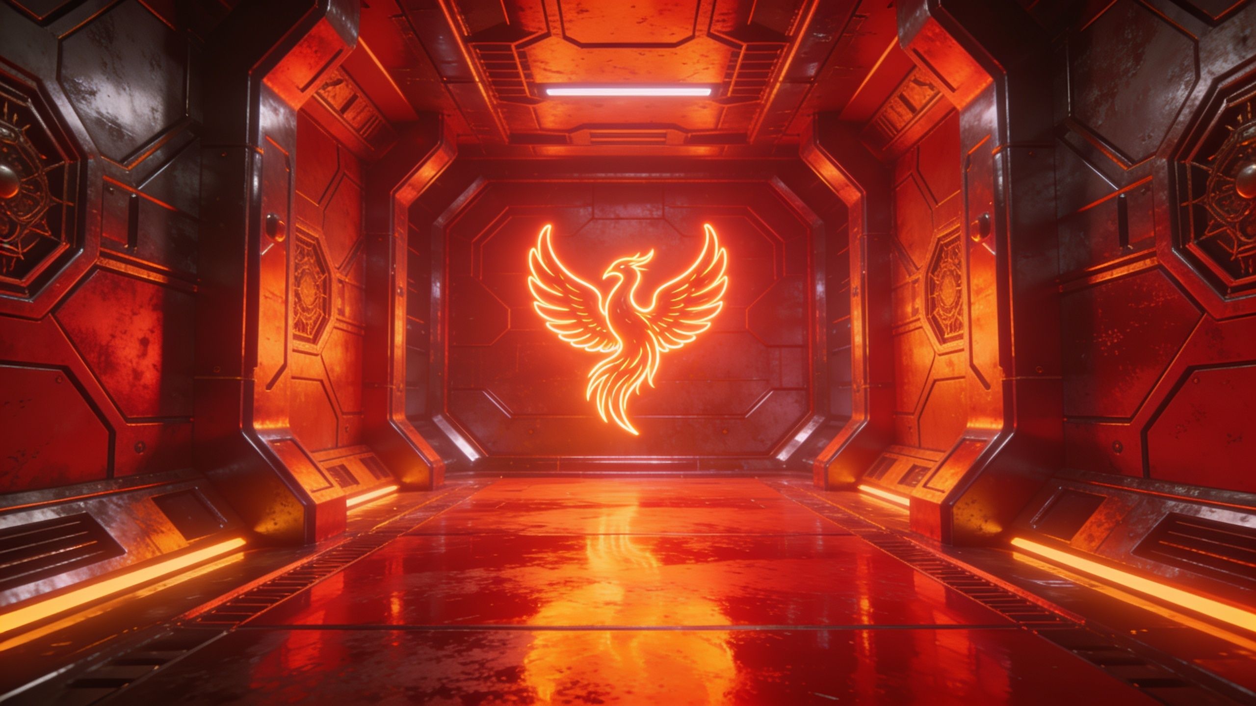 A glowing neon phoenix is depicted on a metallic wall in a sci-fi corridor, casting an intense orange light that enhances the futuristic and mystical atmosphere.