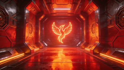A glowing neon phoenix is depicted on a metallic wall in a sci-fi corridor, casting an intense orange light that enhances the futuristic and mystical atmosphere.