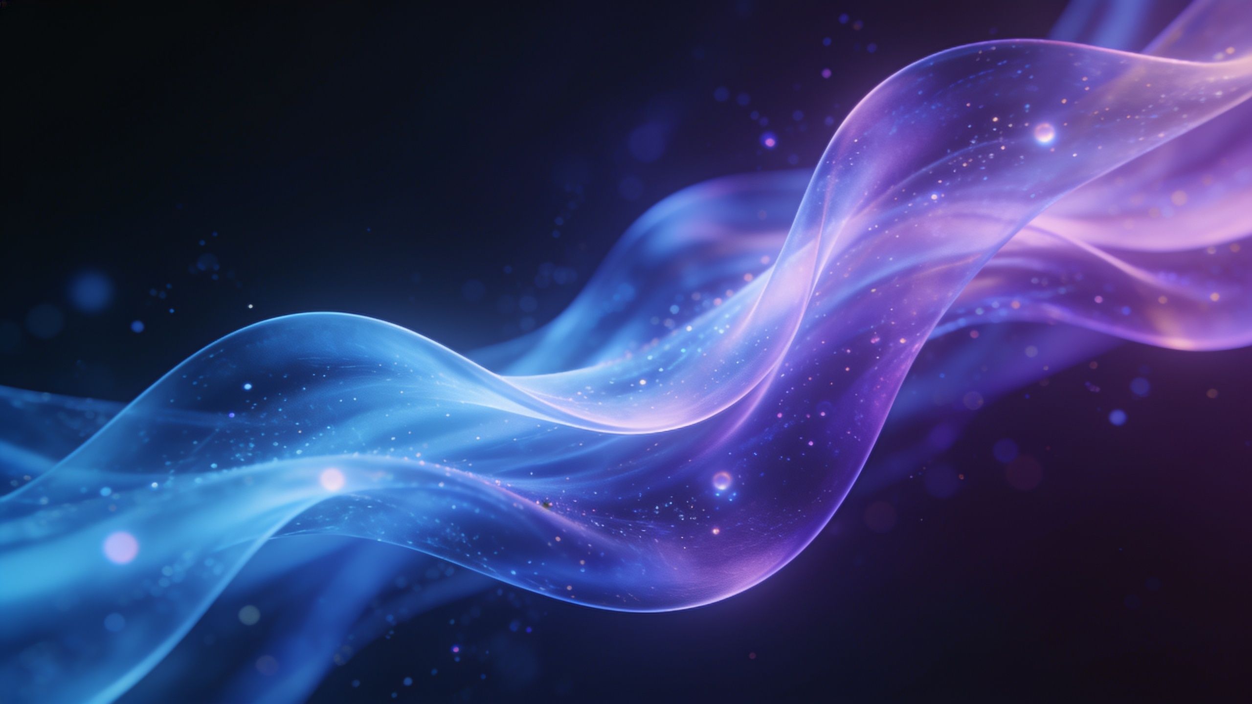 A mesmerizing display of flowing blue and purple light waves creates a mystical and serene atmosphere, with sparkling particles scattered throughout a dark background.