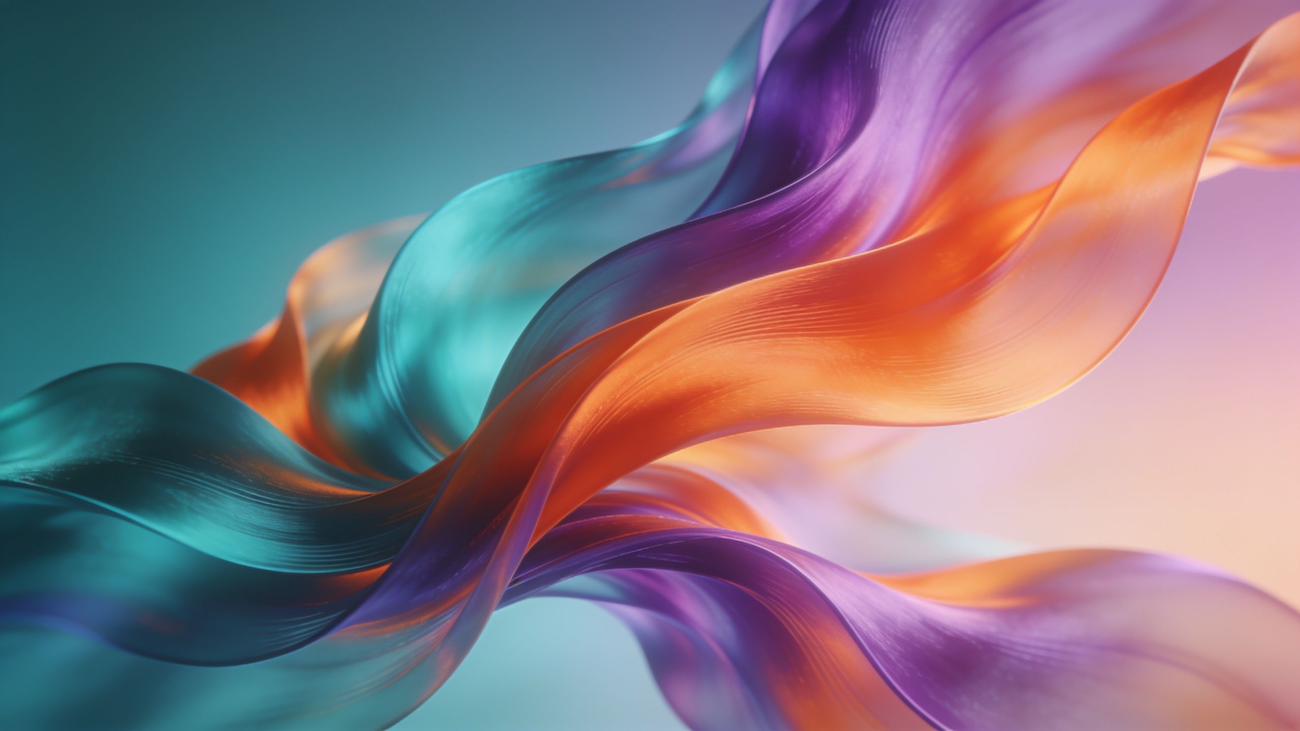 A dynamic and colorful abstract wallpaper featuring flowing waves of vibrant orange, purple, and teal hues, creating a sense of motion and energy against a soft, blurred background.