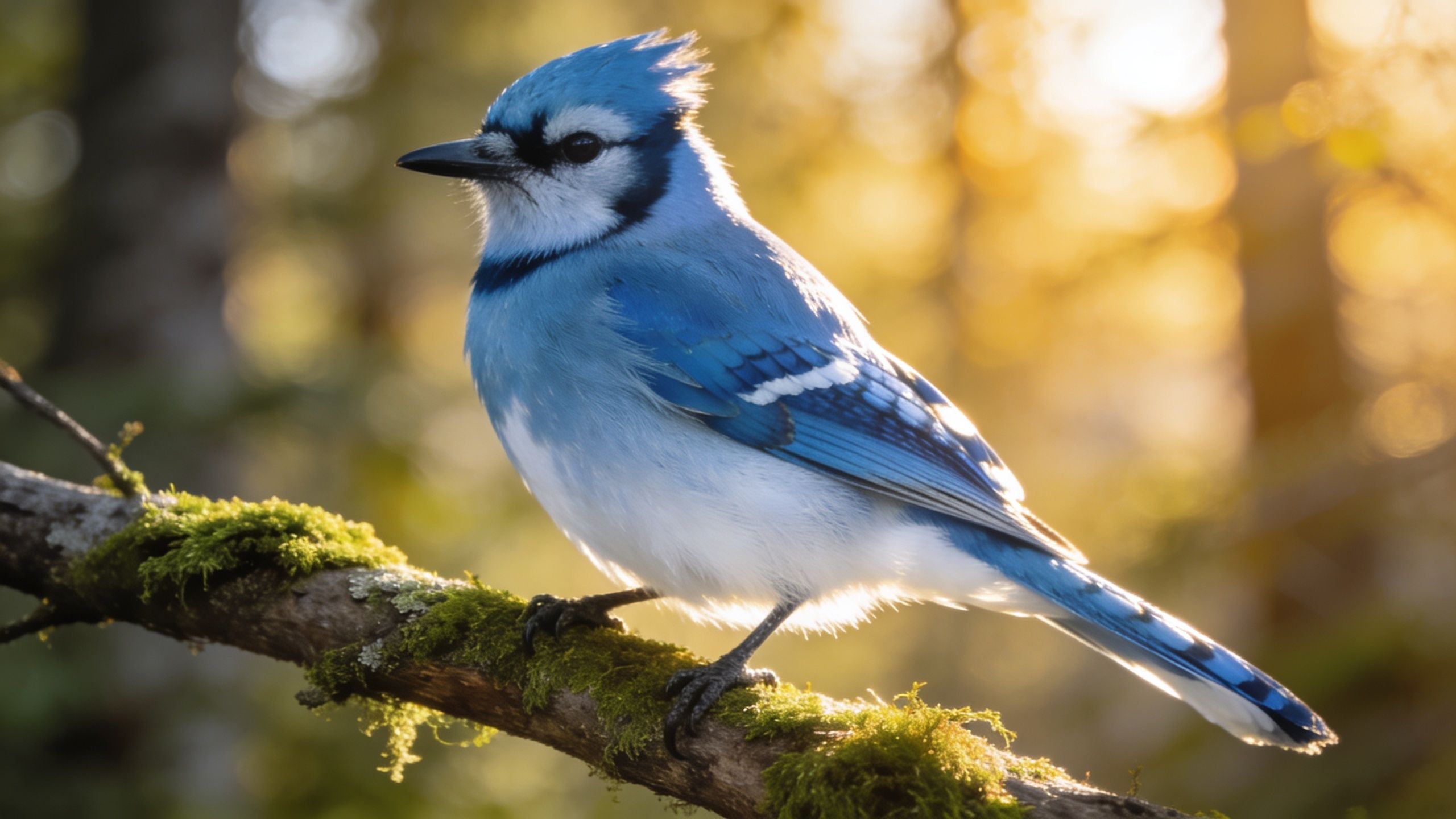 A vibrant blue jay is perched on a moss-covered branch in a sunlit forest, with warm, golden light filtering through the trees, creating a serene and tranquil atmosphere.