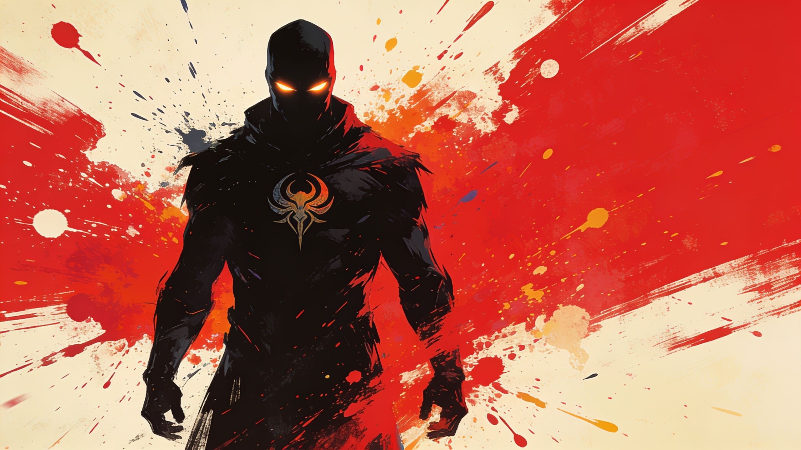 A shadowy warrior with glowing eyes stands in a dynamic pose, surrounded by vibrant splashes of red and orange, creating an intense and dramatic atmosphere.