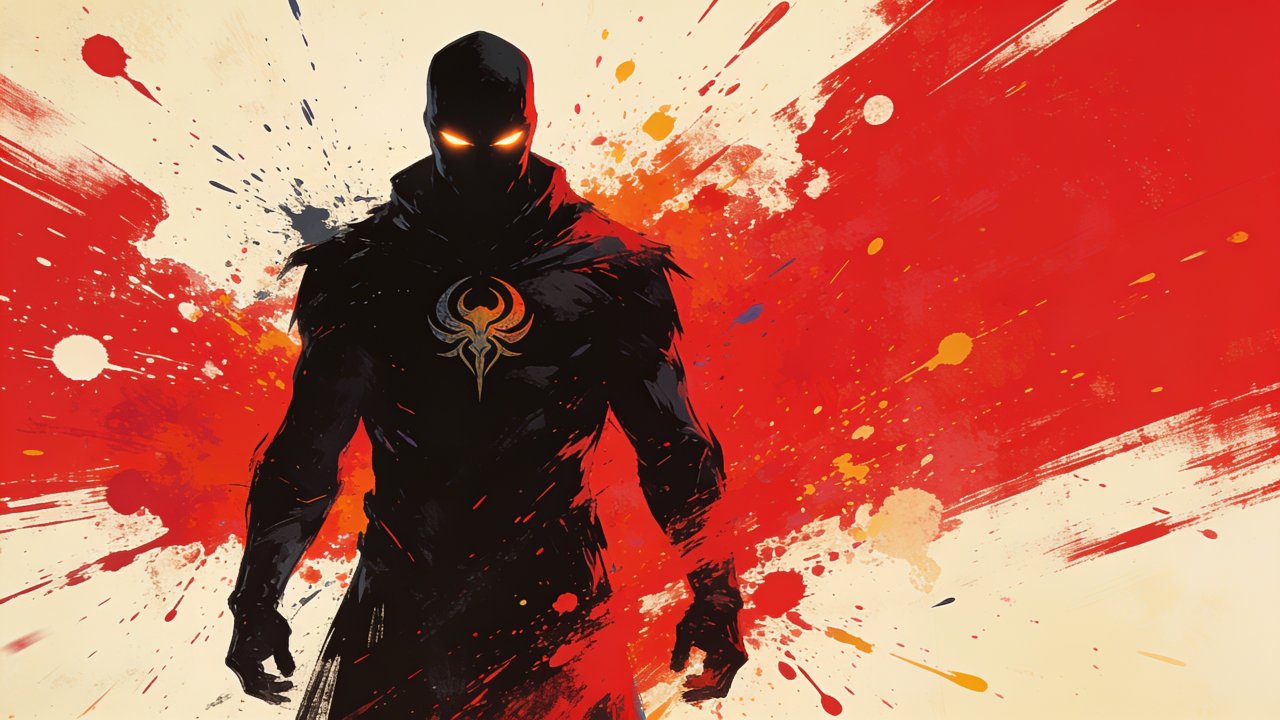 A shadowy warrior with glowing eyes stands in a dynamic pose, surrounded by vibrant splashes of red and orange, creating an intense and dramatic atmosphere.