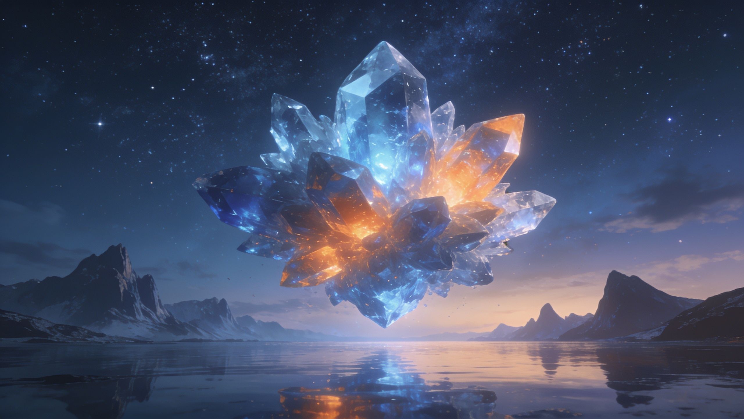 A large, luminous crystal with blue and orange hues floats above a calm, reflective body of water under a starry night sky, creating a mystical and serene atmosphere.