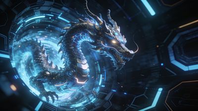 A sleek, metallic cyber dragon with glowing neon blue accents coils through a futuristic digital tunnel, creating a dynamic and otherworldly atmosphere.