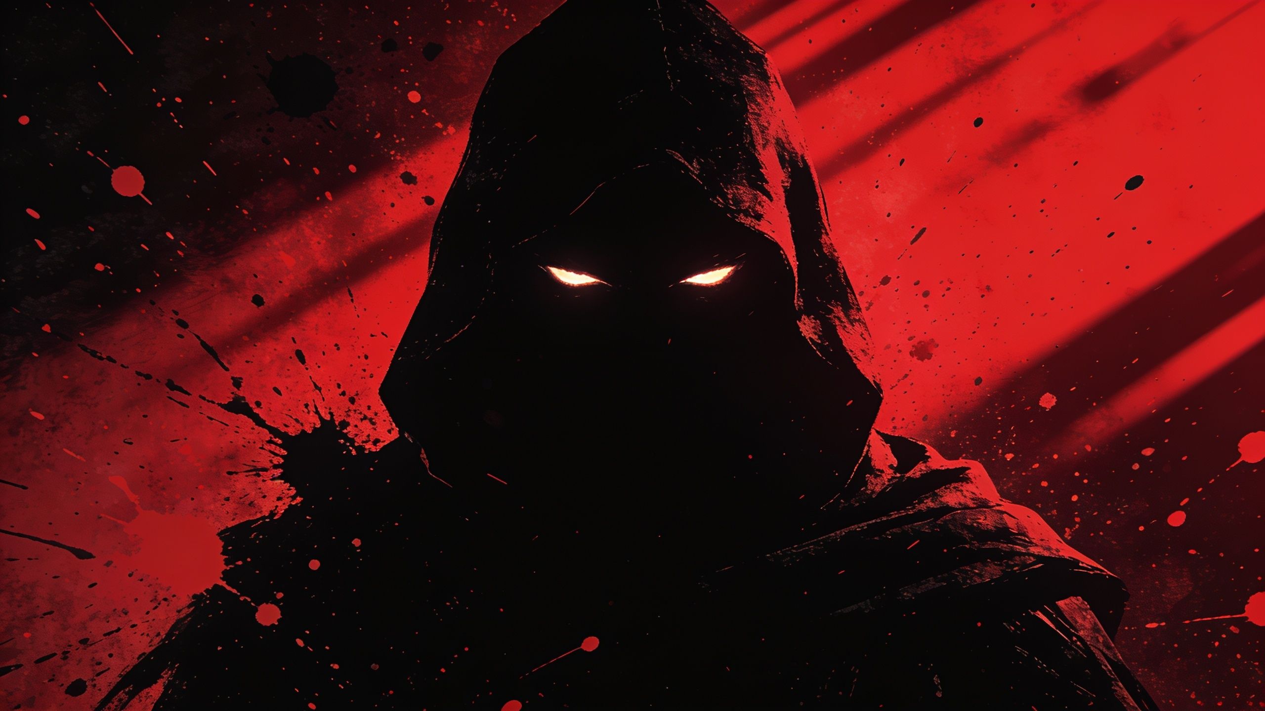 A mysterious hooded figure stands in deep shadows, their glowing eyes piercing through the darkness, set against a dramatic backdrop of red splatters and streaks, creating an ominous and intense atmosphere.