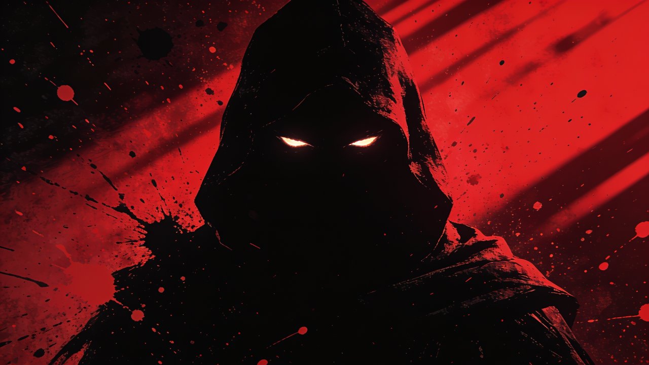 A mysterious hooded figure stands in deep shadows, their glowing eyes piercing through the darkness, set against a dramatic backdrop of red splatters and streaks, creating an ominous and intense atmosphere.