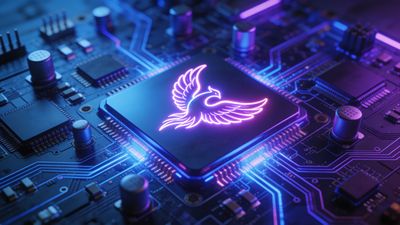 A vibrant neon phoenix glows atop a detailed circuit board, creating a futuristic and dynamic atmosphere with its bright purple and blue hues. The intricate design suggests a fusion of technology and mythology, evoking a sense of innovation and rebirth.