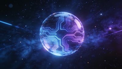 A glowing, digital sphere with intricate circuit patterns floats in a cosmic space filled with stars and nebulae, creating a futuristic and ethereal atmosphere.