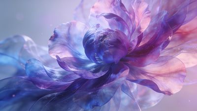 A delicate, ethereal flower with translucent petals in soft pastel hues of pink, purple, and blue is set against a dreamy, blurred background, creating a serene and enchanting mood.