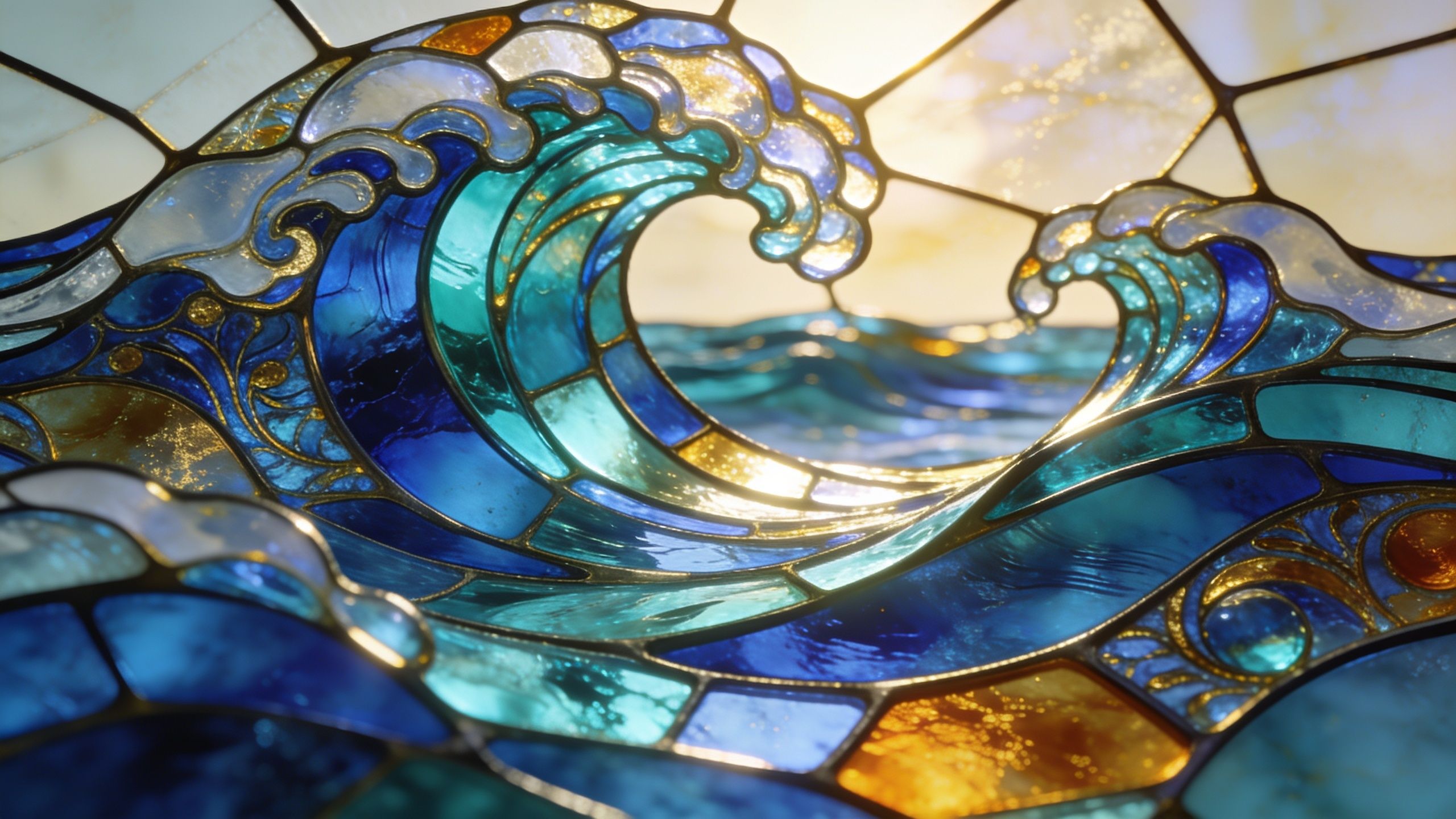 The wallpaper features a vibrant stained glass depiction of ocean waves, with sunlight streaming through, casting colorful reflections and creating a serene and uplifting mood. The intricate design includes shades of blue and turquoise with accents of gold and white, capturing the dynamic movement of the sea.
