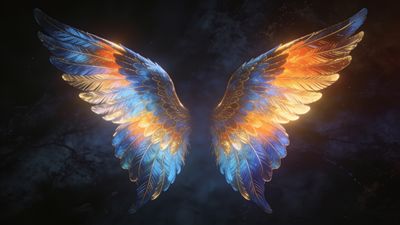 A pair of radiant angel wings, glowing with vibrant hues of blue, orange, and gold, are set against a dark, cosmic background, creating a mystical and ethereal atmosphere.