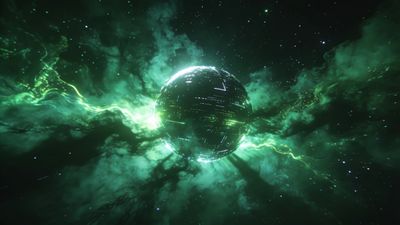 A glowing green energy sphere hovers in the depths of space, surrounded by swirling green nebulae and distant stars, creating a futuristic and ethereal atmosphere.