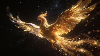 A radiant golden phoenix soars through a starry cosmic backdrop, its feathers shimmering with ethereal light, creating a sense of awe and wonder.