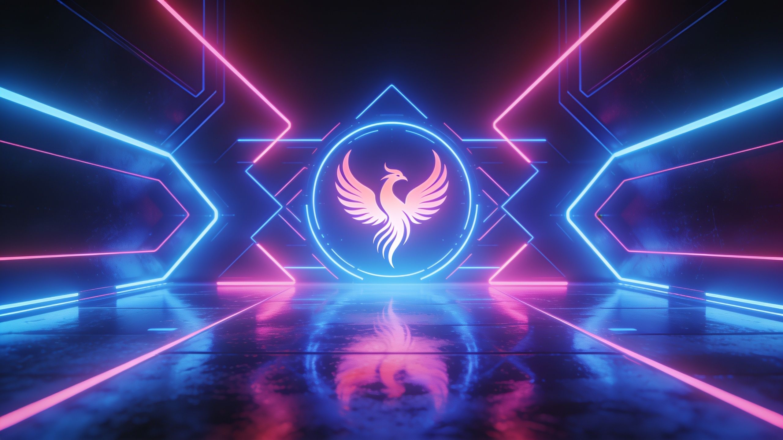 A glowing neon phoenix is centered in a futuristic setting, surrounded by vibrant pink and blue geometric light patterns, creating a dynamic and electrifying atmosphere.