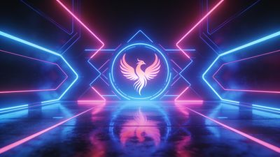 A glowing neon phoenix is centered in a futuristic setting, surrounded by vibrant pink and blue geometric light patterns, creating a dynamic and electrifying atmosphere.