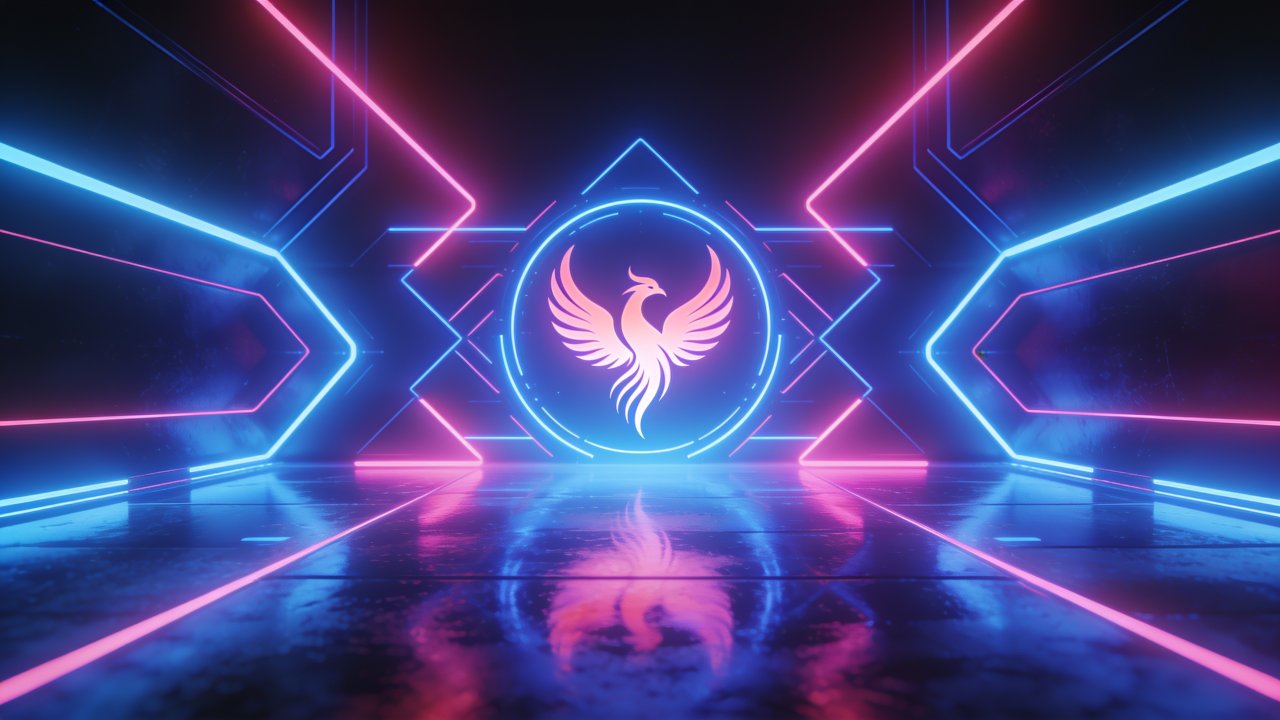 A glowing neon phoenix is centered in a futuristic setting, surrounded by vibrant pink and blue geometric light patterns, creating a dynamic and electrifying atmosphere.