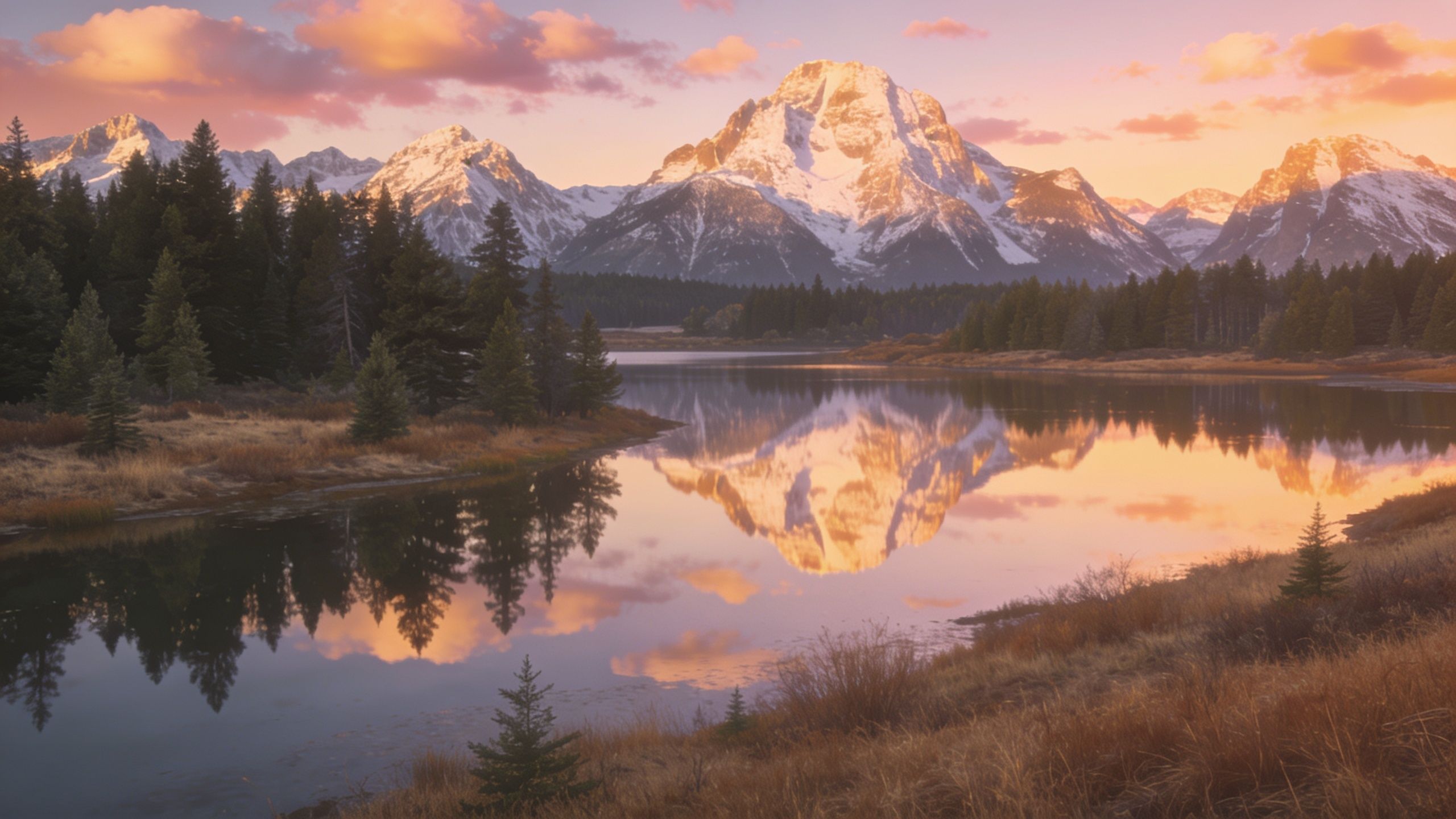 A tranquil scene of snow-capped mountains is reflected in a calm lake at sunset, surrounded by dense forests and golden grasslands, creating a peaceful and serene atmosphere.